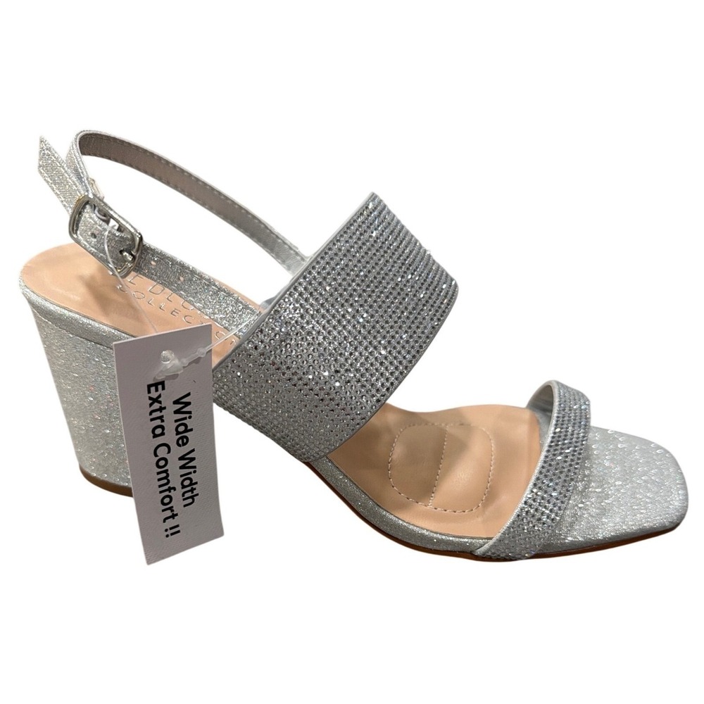 De Blossom Collection Verona-59W Silver Sparkle Rhinestone Block Heels Wide 10 - Picture 3 of 7